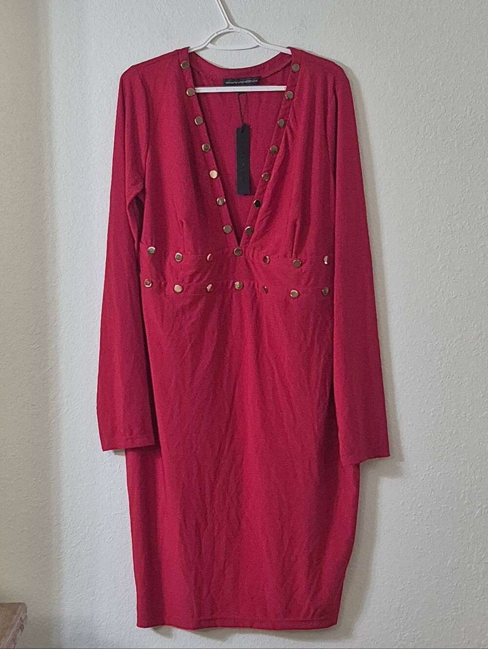 Symphony Red Long Sleeve V-Neck Dress with Gold Studs